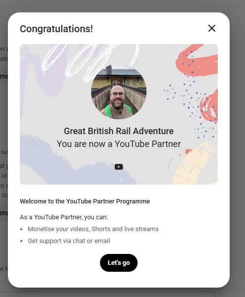 Great British Rail Adventure YouTube Partner Program status