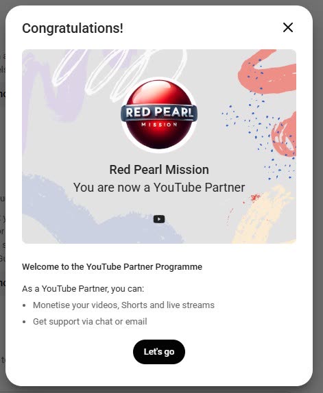 Red Pearl Mission YouTube Partner Program status